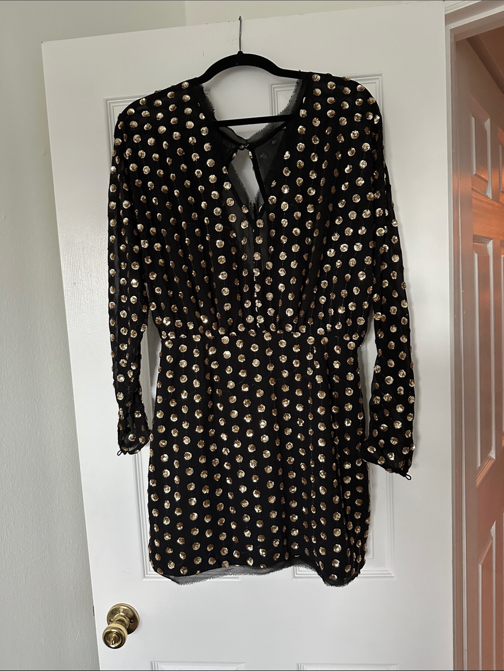 Finders Keepers Black Long-Sleeve open back Mini Dress with Gold Polka Dots